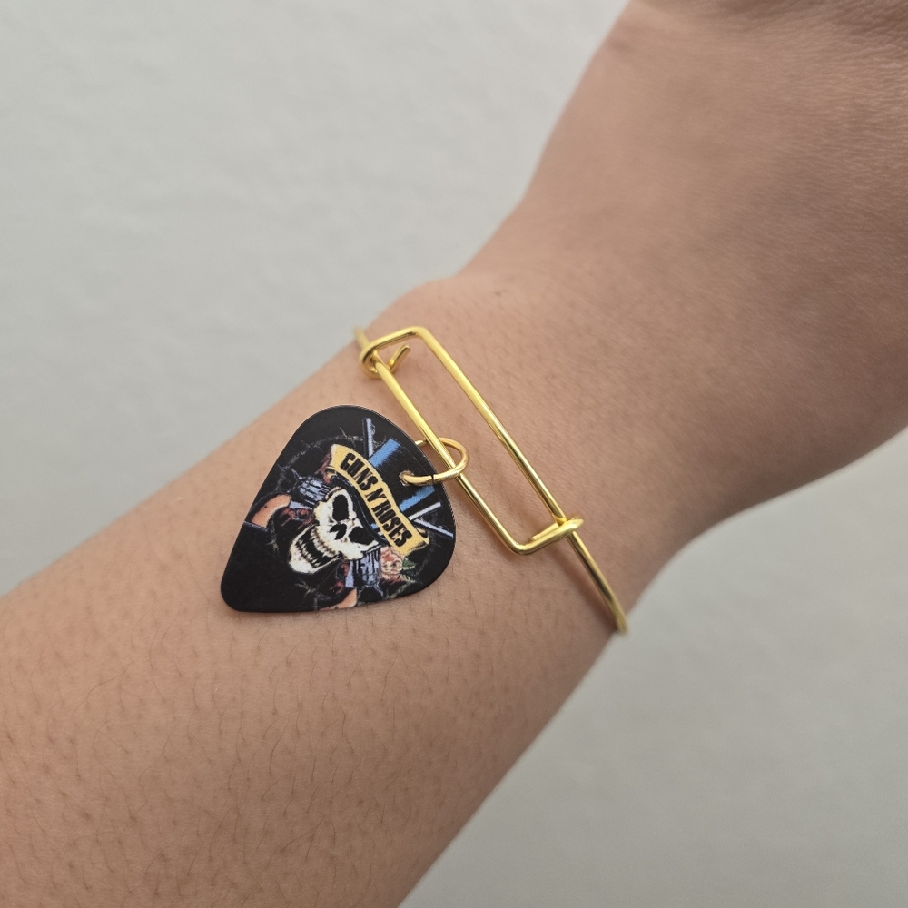 Gold Bangle with Black Guns N Roses Guitar Pick Charm